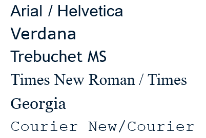 A list of fonts, with each name displayed in that font. They are: Arial/Helvetica, Verdana, Trebuchet MS, Times New Roman/Times, Georgia, Courier New/Courier