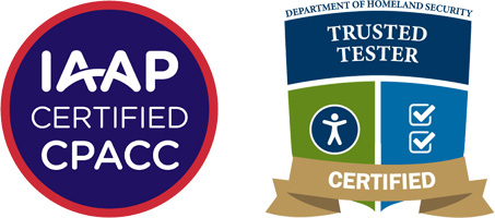 Badges for two certifications: IAAP Certified CPACC, and Department of Homeland Security Trusted Tester