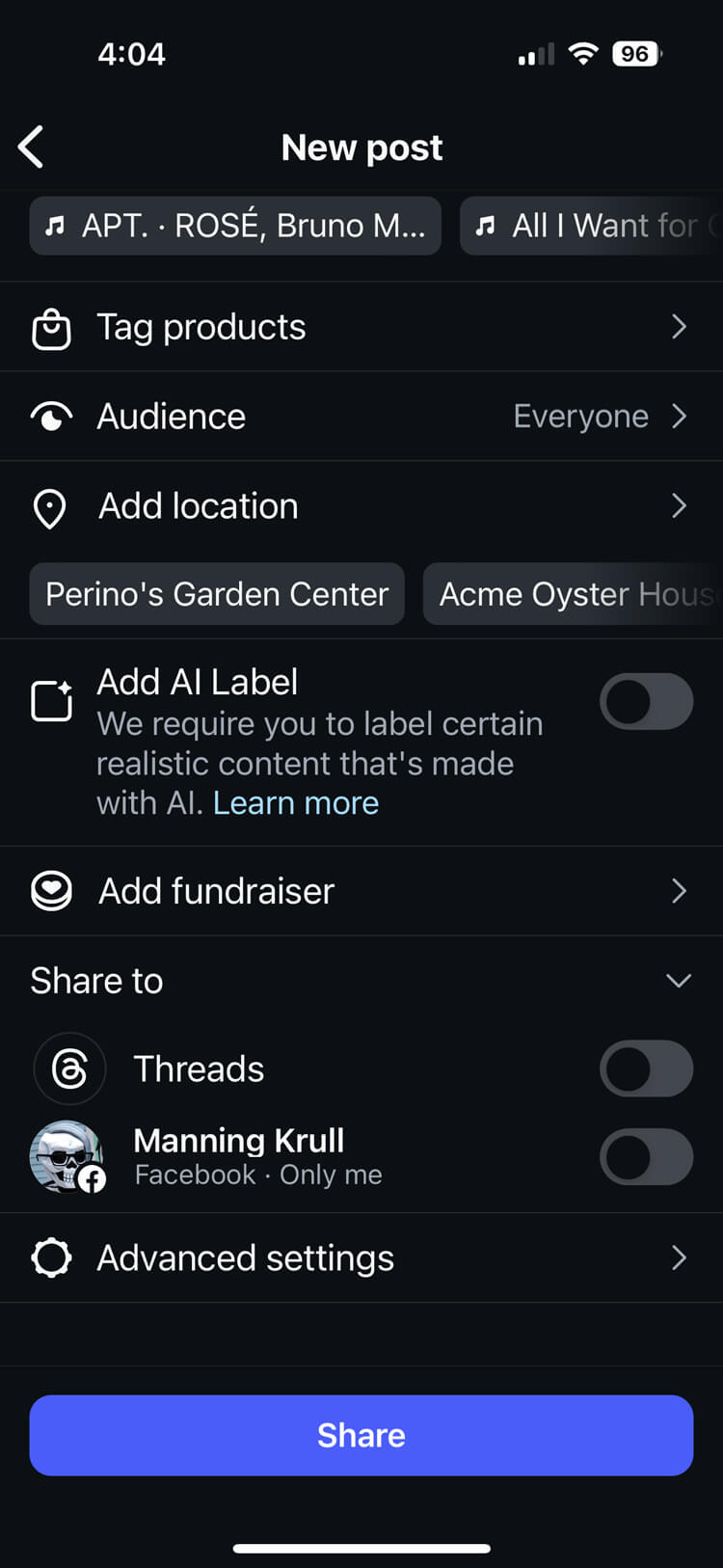 Screenshot of the Instagram app showing the settings for entering a new post; the screen has been scrolled down to the bottom, with Advanced settings as the last choice.