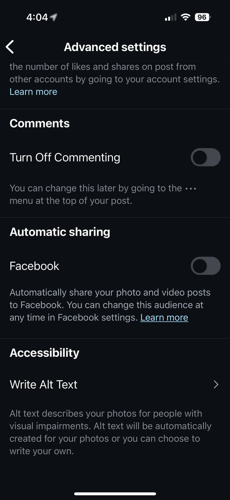 Screenshot of the Instagram app showing the Accessibility screen, with an option to write alt text at the bottom.