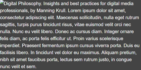 A dark gray rectangle with a broken image icon and large bold white text next to it with the name and tagline of this website, followed by a large amount of placeholder lorem ipsum text; this rectangle is much taller than the previous ones because the text takes up much more space.