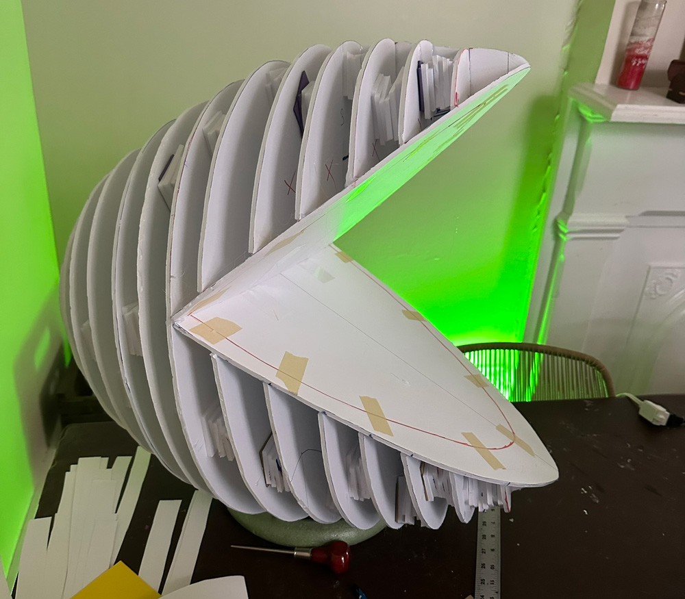 The base of the Audrey II mask, made of layers of foam board.