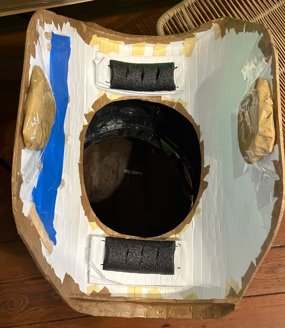 Interior view of the armor showing the foam tube supports in the shoulders