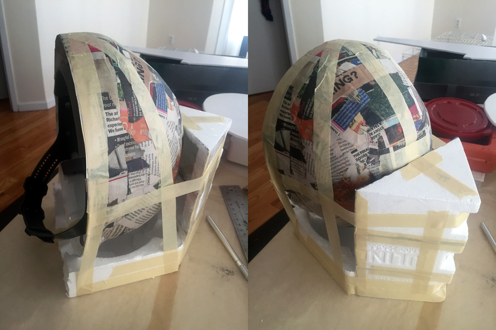 attaching the styrofoam blocks to the hard hat