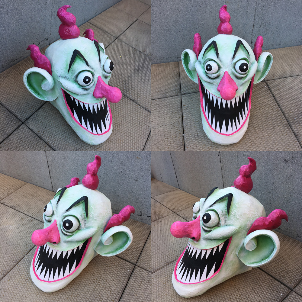 Giant evil clown Pez dispenser - various views of finished clown head