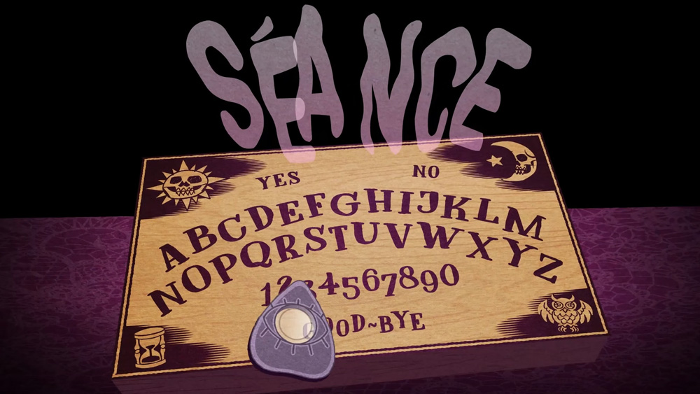 The logo for the party; the word Seance is in ghostly letters floating over top of a ouija board.