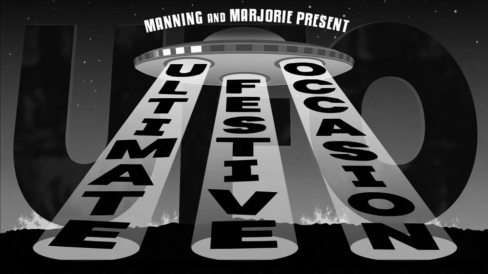The logo for the party; a big flying saucer is projecting three beams of light downard with the words Ultimate Festive Occasion in them.