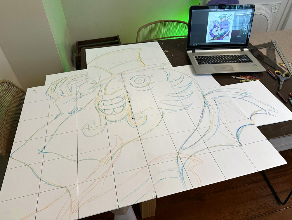 Large foam board panel with a grid drawn onto it and the first component of the Jabberwocky sketched onto it.