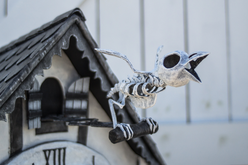 Cuckoo clock skull mask -- bird skeleton