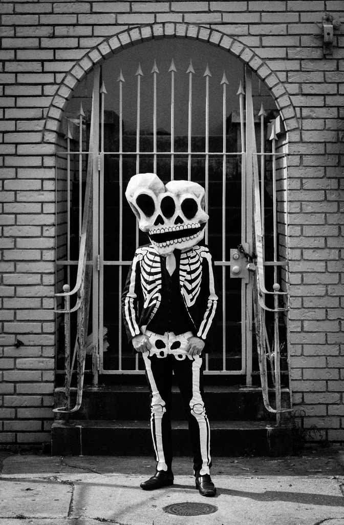 Me wearing my conjoined twins skull mask and skeleton suit.