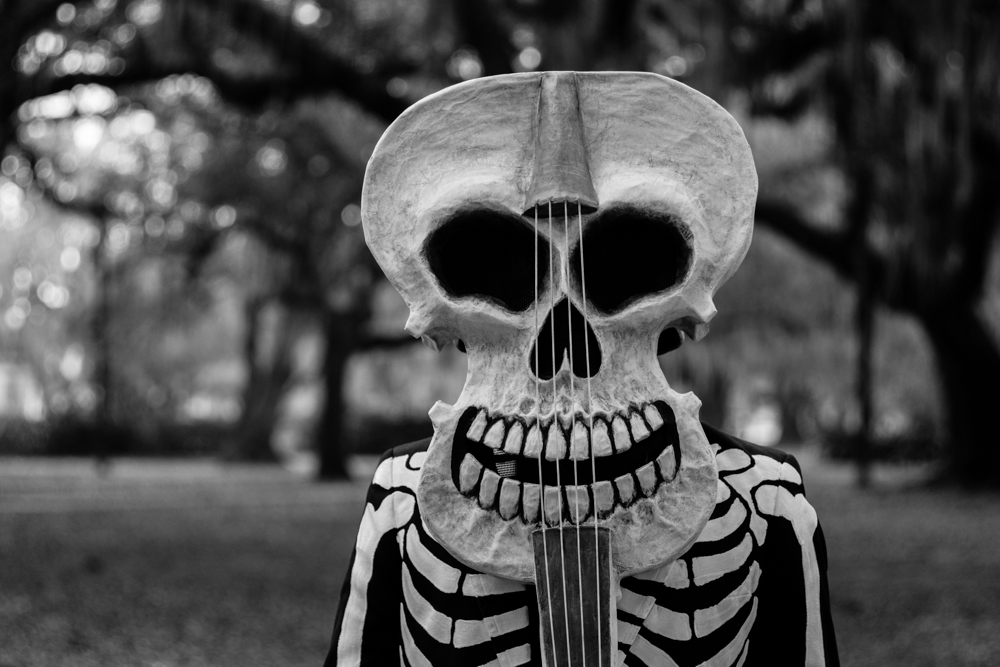 Violin skeleton costume ready for the parade Mardi Gras morning