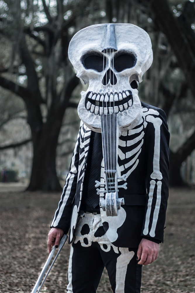 Completed paper mache violin skull mask, Mardi Gras 2015