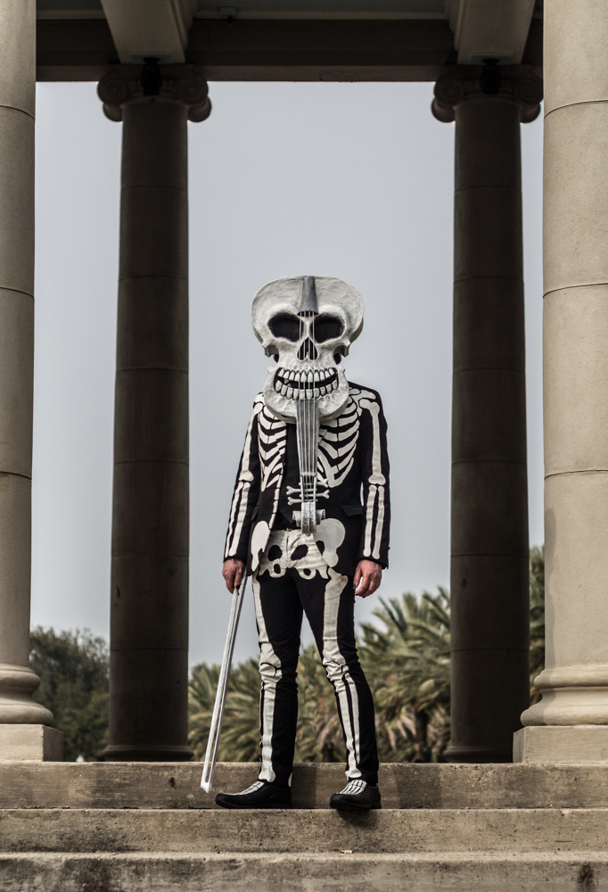 My completed violin skeleton costume in City Park, New Orleans