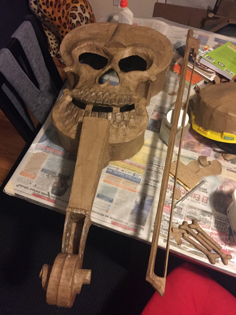Paper mache completed for my violin skull and bow
