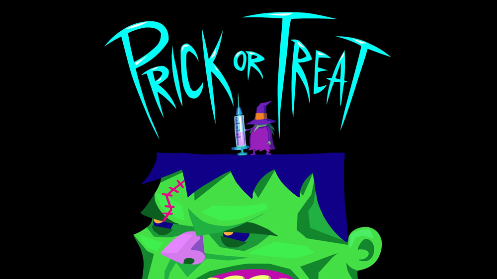 The logo for the party: a tiny witch holding a syringe stands on the top of the head of Frankenstein's monster.