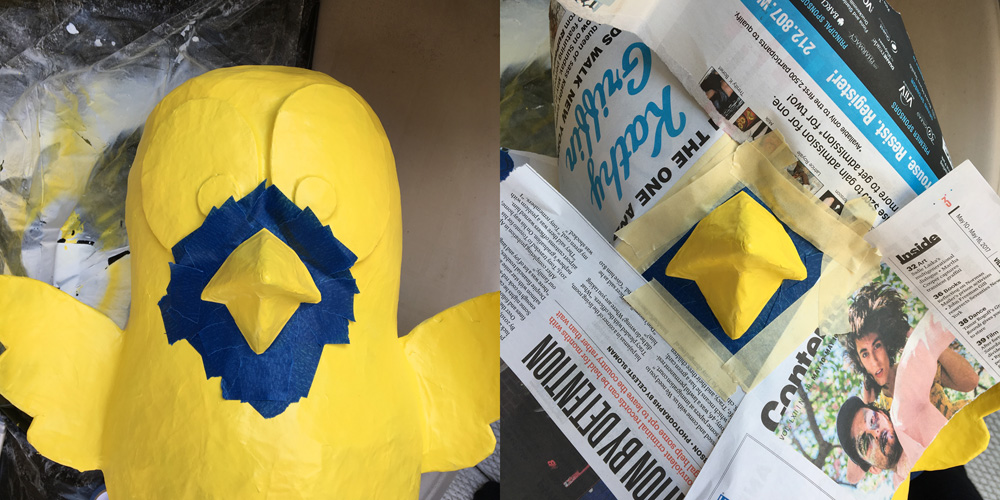 Papier mache baby chicks - masking out the beaks