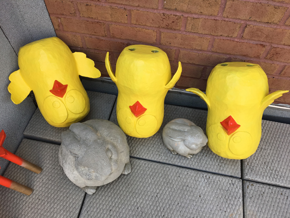 Papier mache baby chicks - beaks finished
