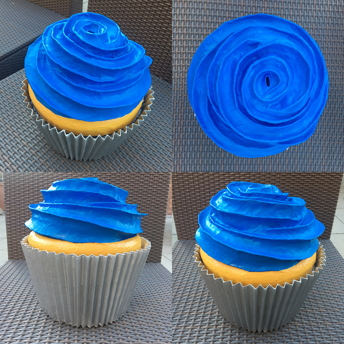 Paper mache cupcake decoration, multiple views