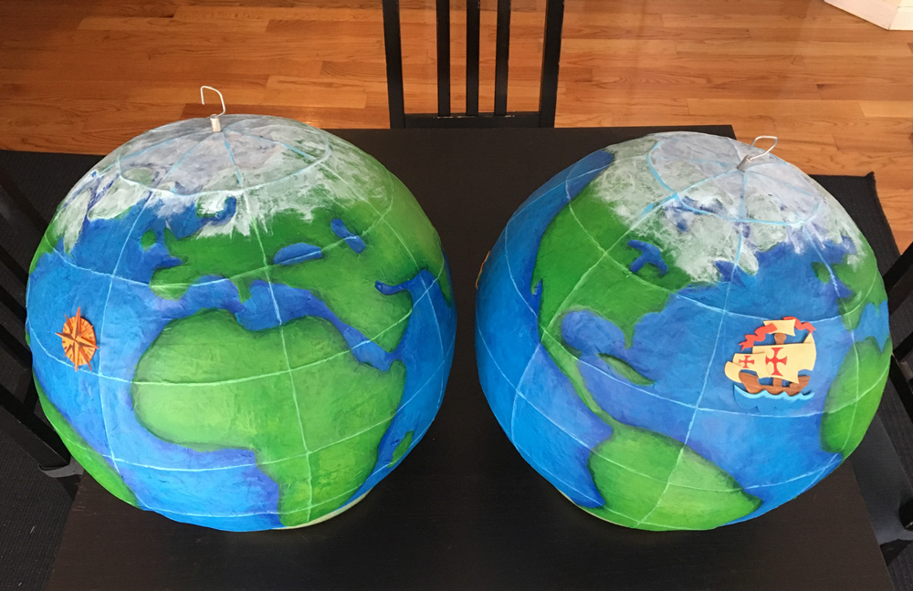 Paper mache globe - ship and compass