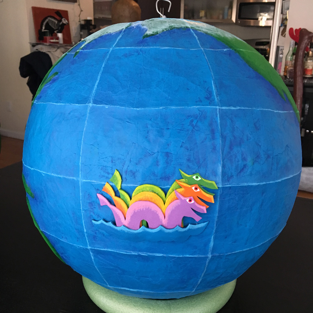 Paper mache globe - Isabella the three-headed serpent
