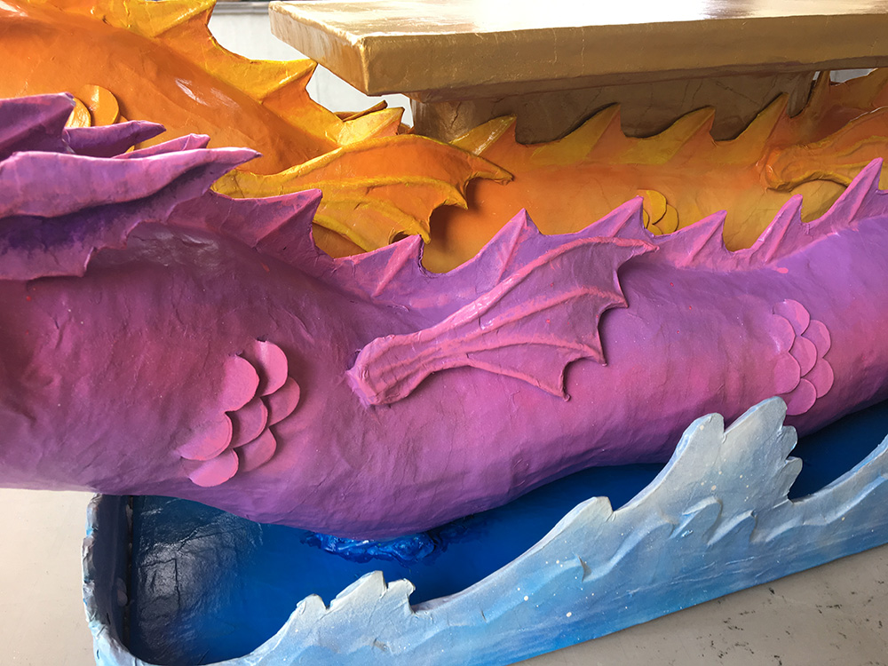 Papier mache dragon sculpture centerpiece