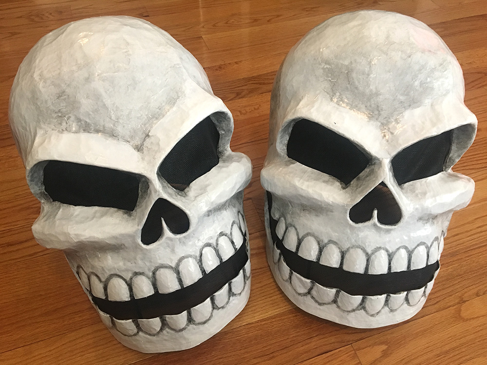 Twin paper mache skull masks - finished!