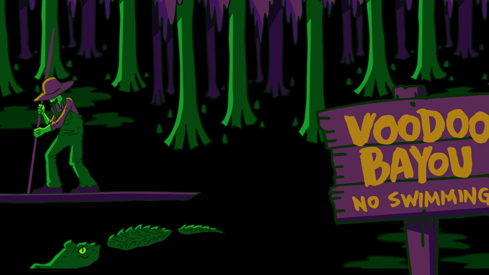 The logo for the party; an old wooden sign sticking out of the bayou while a zombie guy floats by on a pirogue.